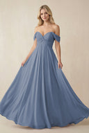 Off - the - Shoulder Chiffon A - Line Long Bridesmaid Dress in Neptune - KISS BRIDAL Bridesmaid Dresses