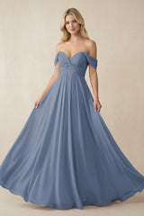Off - the - Shoulder Chiffon A - Line Long Bridesmaid Dress in Neptune - KISS BRIDAL Bridesmaid Dresses