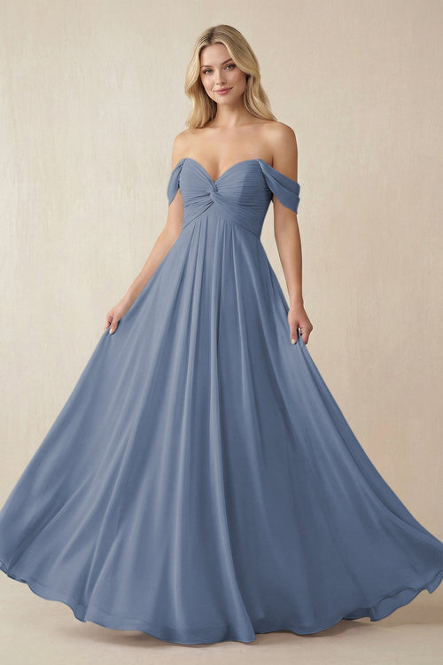 Off - the - Shoulder Chiffon A - Line Long Bridesmaid Dress in Neptune - KISS BRIDAL Bridesmaid Dresses