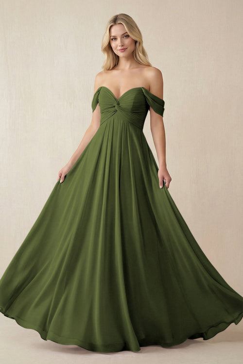 Off - the - Shoulder Chiffon A - Line Long Bridesmaid Dress in Olive - KISS BRIDAL Bridesmaid Dresses