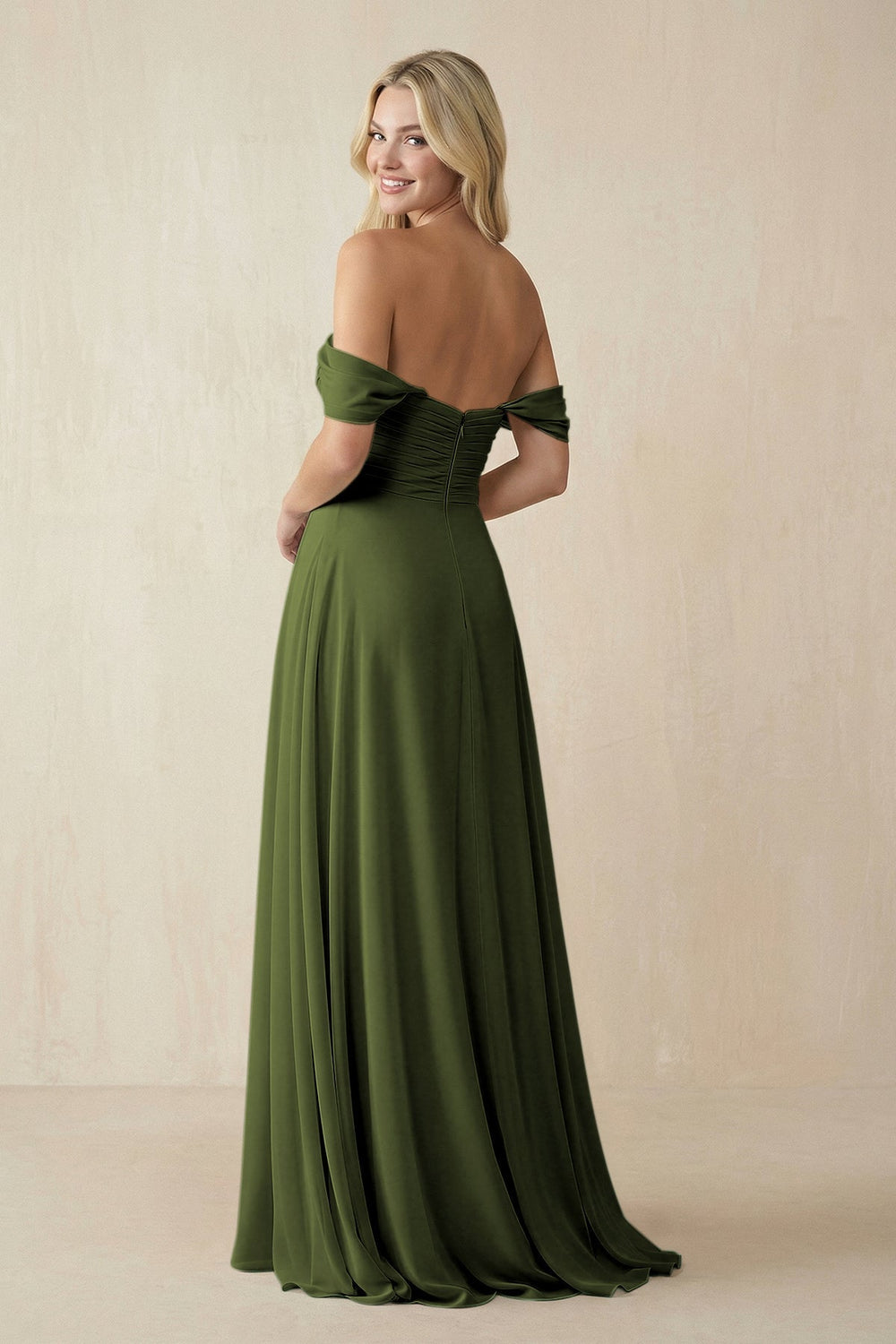 Off - the - Shoulder Chiffon A - Line Long Bridesmaid Dress in Olive - KISS BRIDAL Bridesmaid Dresses