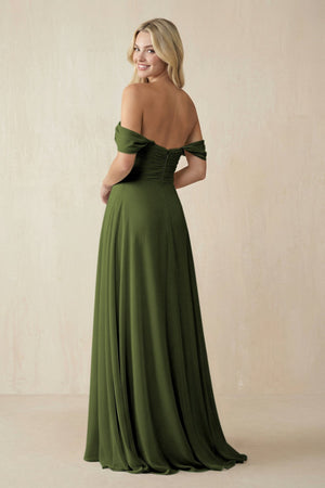 Off - the - Shoulder Chiffon A - Line Long Bridesmaid Dress in Olive - KISS BRIDAL Bridesmaid Dresses
