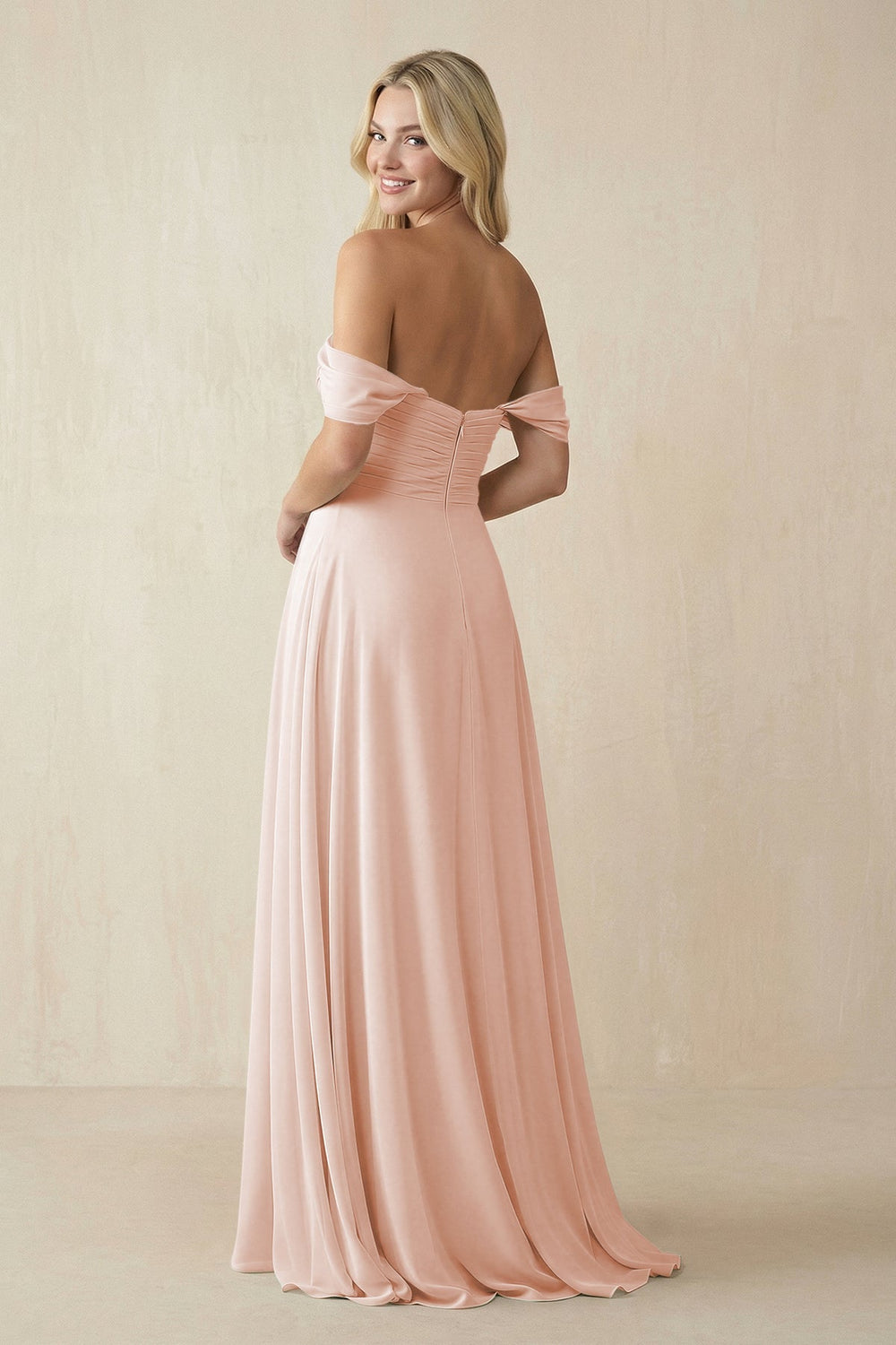 Off - the - Shoulder Chiffon A - Line Long Bridesmaid Dress in Pale Blush - KISS BRIDAL Bridesmaid Dresses
