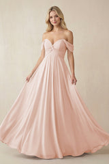 Off - the - Shoulder Chiffon A - Line Long Bridesmaid Dress in Pale Blush - KISS BRIDAL Bridesmaid Dresses