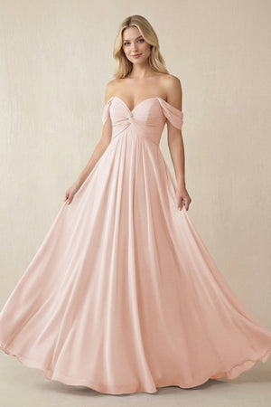 Off - the - Shoulder Chiffon A - Line Long Bridesmaid Dress in Pale Blush - KISS BRIDAL Bridesmaid Dresses