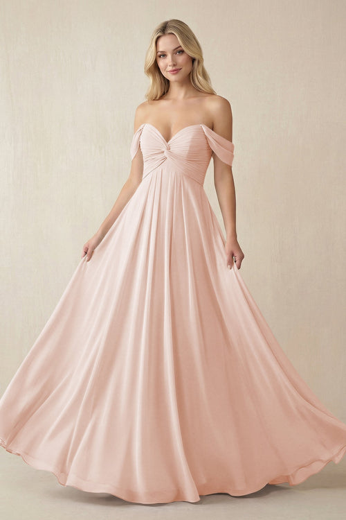 Off - the - Shoulder Chiffon A - Line Long Bridesmaid Dress in Pale Blush - KISS BRIDAL Bridesmaid Dresses