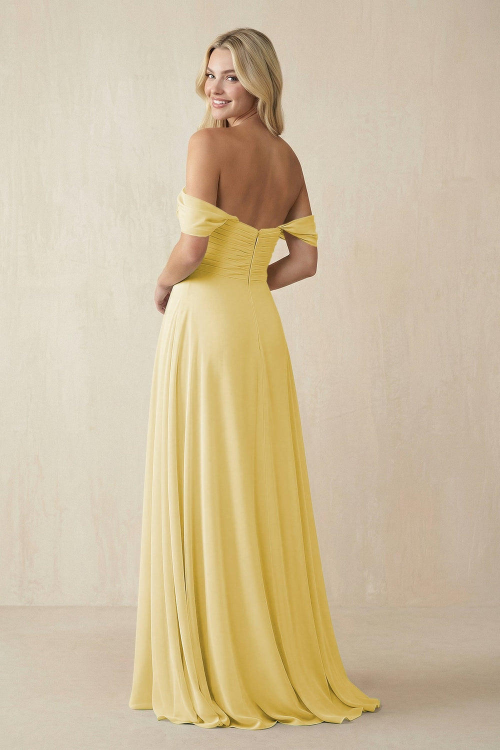 Off - the - Shoulder Chiffon A - Line Long Bridesmaid Dress in Pastel Yellow - KISS BRIDAL Bridesmaid Dresses