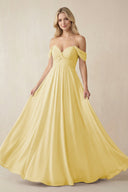 Off - the - Shoulder Chiffon A - Line Long Bridesmaid Dress in Pastel Yellow - KISS BRIDAL Bridesmaid Dresses