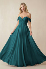 Off - the - Shoulder Chiffon A - Line Long Bridesmaid Dress in Pine - KISS BRIDAL Bridesmaid Dresses