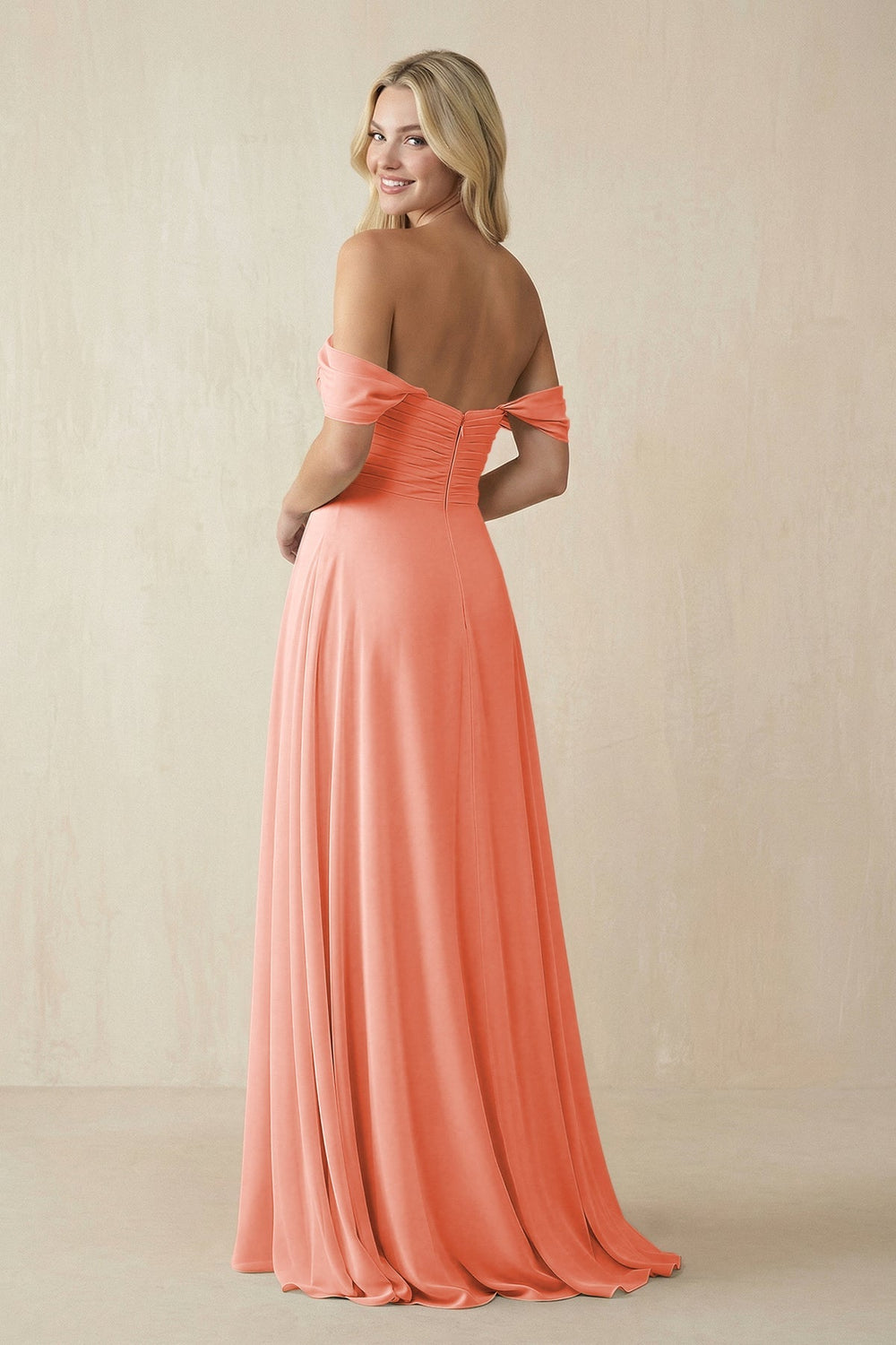 Off - the - Shoulder Chiffon A - Line Long Bridesmaid Dress in Rosette - KISS BRIDAL Bridesmaid Dresses