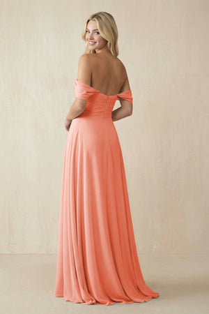Off - the - Shoulder Chiffon A - Line Long Bridesmaid Dress in Rosette - KISS BRIDAL Bridesmaid Dresses
