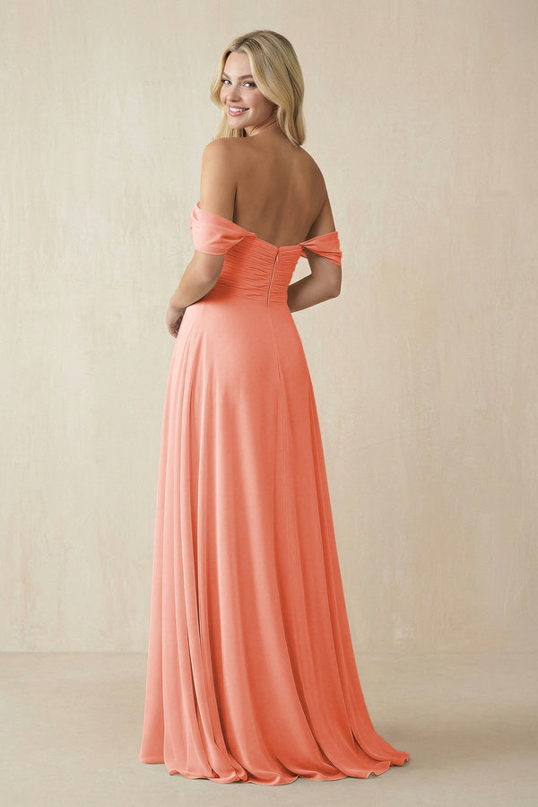 Off - the - Shoulder Chiffon A - Line Long Bridesmaid Dress in Rosette - KISS BRIDAL Bridesmaid Dresses
