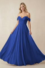 Off - the - Shoulder Chiffon A - Line Long Bridesmaid Dress in Royal Blue - KISS BRIDAL Bridesmaid Dresses