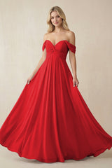 Off - the - Shoulder Chiffon A - Line Long Bridesmaid Dress in Ruby Red - KISS BRIDAL Bridesmaid Dresses