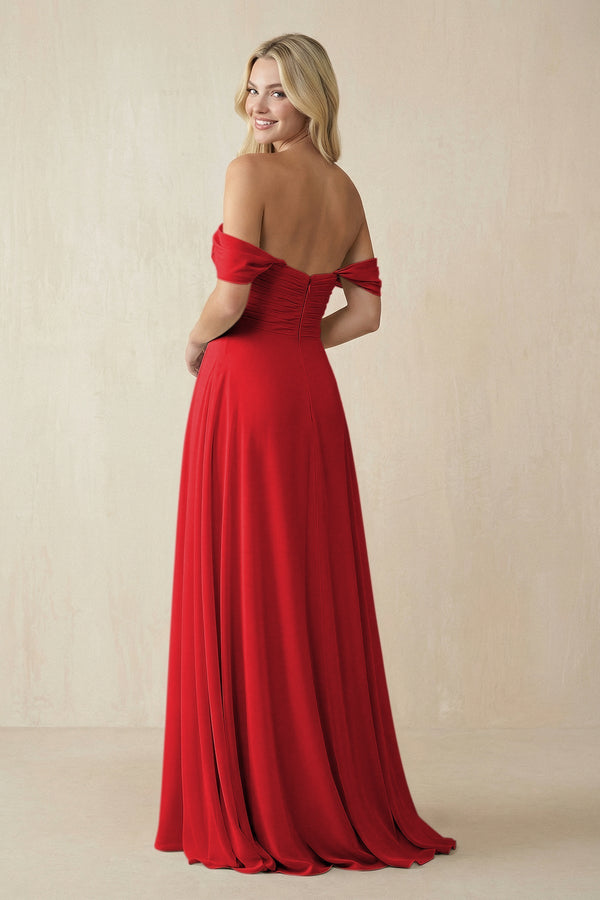 Off - the - Shoulder Chiffon A - Line Long Bridesmaid Dress in Ruby Red - SHE IS ME Bridesmaid Dresses