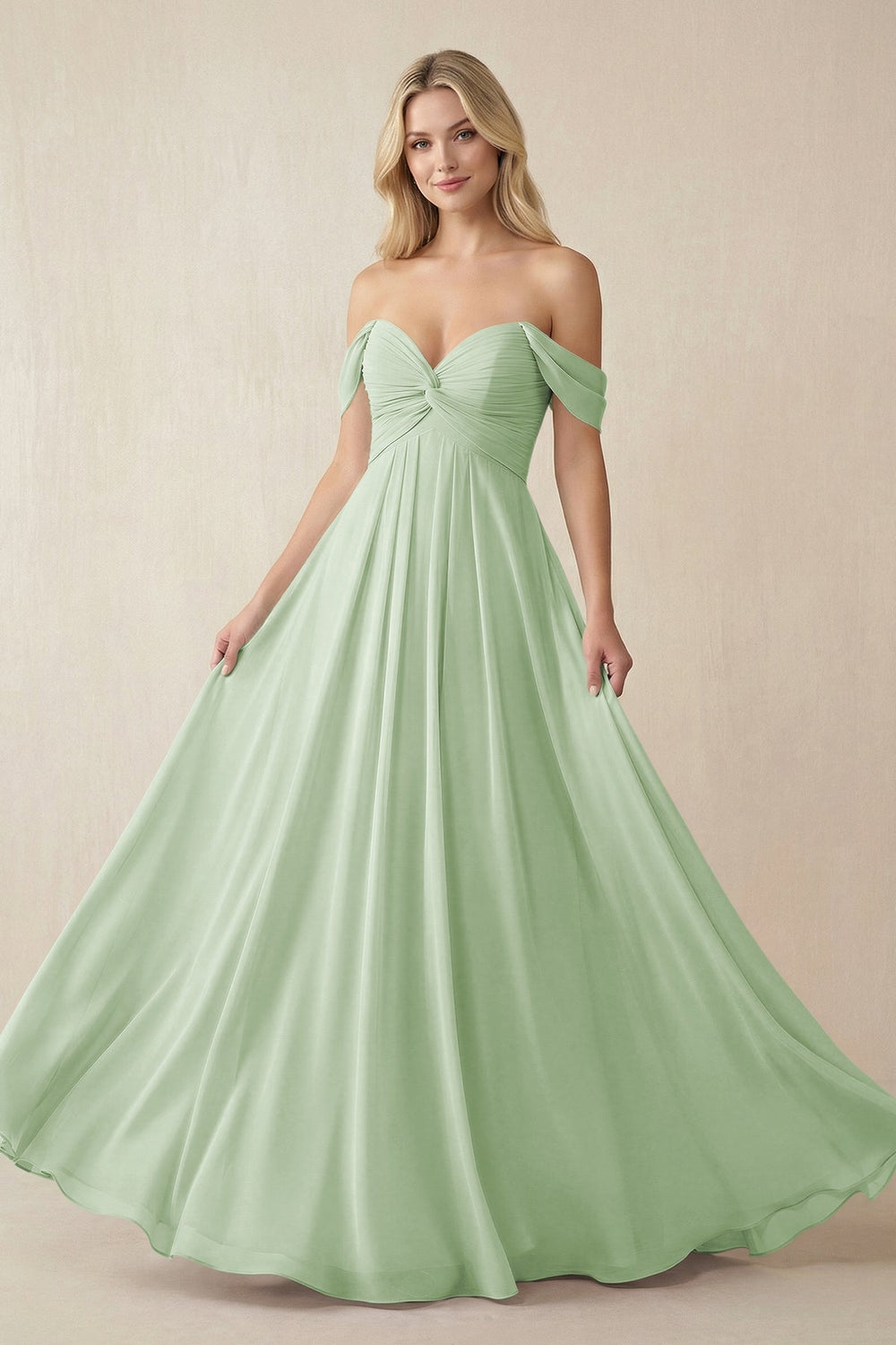Off - the - Shoulder Chiffon A - Line Long Bridesmaid Dress in Sage - SHE IS ME Bridesmaid Dresses