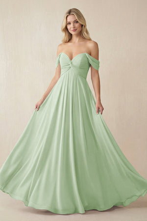 Off - the - Shoulder Chiffon A - Line Long Bridesmaid Dress in Sage - SHE IS ME Bridesmaid Dresses