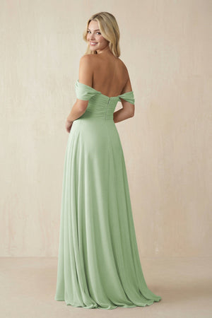 Off - the - Shoulder Chiffon A - Line Long Bridesmaid Dress in Sage - SHE IS ME Bridesmaid Dresses