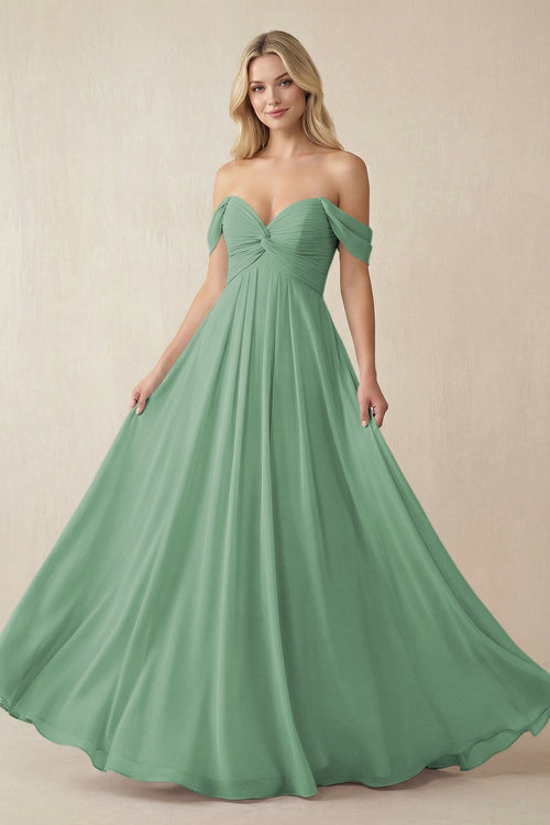 Off - the - Shoulder Chiffon A - Line Long Bridesmaid Dress in Sea Glass - SHE IS ME Bridesmaid Dresses