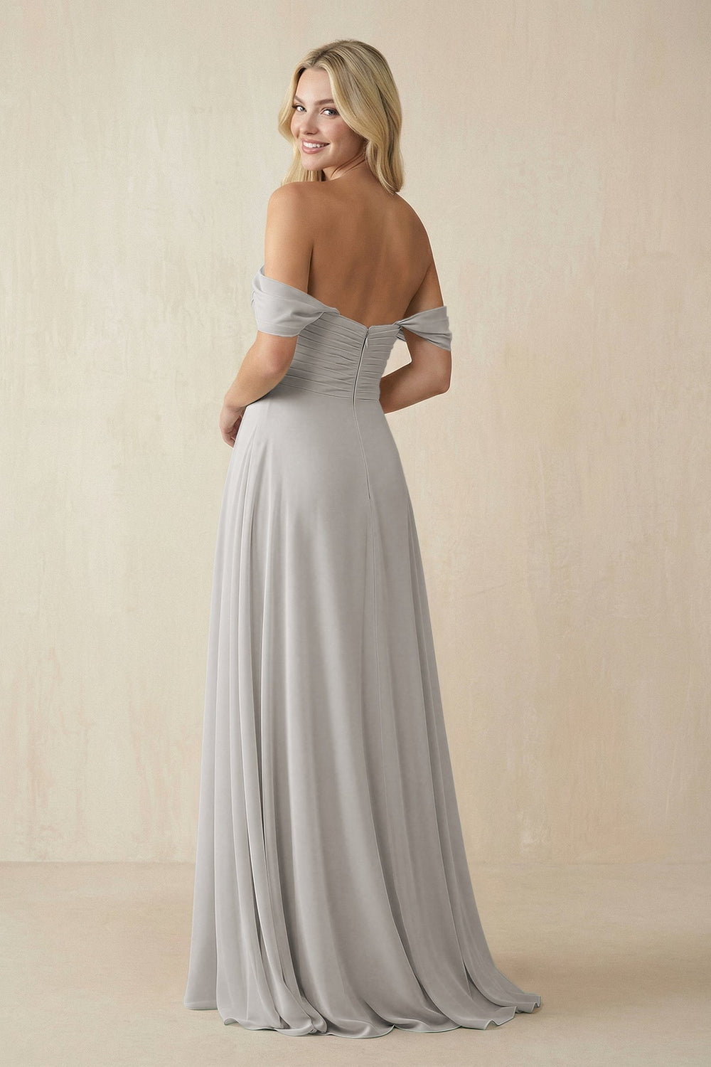 Off - the - Shoulder Chiffon A - Line Long Bridesmaid Dress in Silver - KISS BRIDAL Bridesmaid Dresses