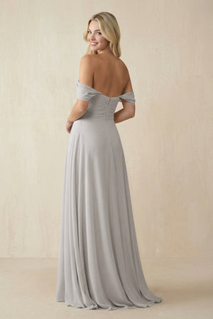Off - the - Shoulder Chiffon A - Line Long Bridesmaid Dress in Silver - KISS BRIDAL Bridesmaid Dresses