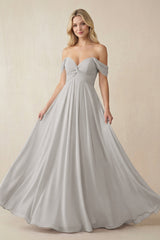Off - the - Shoulder Chiffon A - Line Long Bridesmaid Dress in Silver - KISS BRIDAL Bridesmaid Dresses