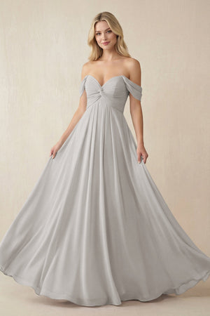 Off - the - Shoulder Chiffon A - Line Long Bridesmaid Dress in Silver - KISS BRIDAL Bridesmaid Dresses
