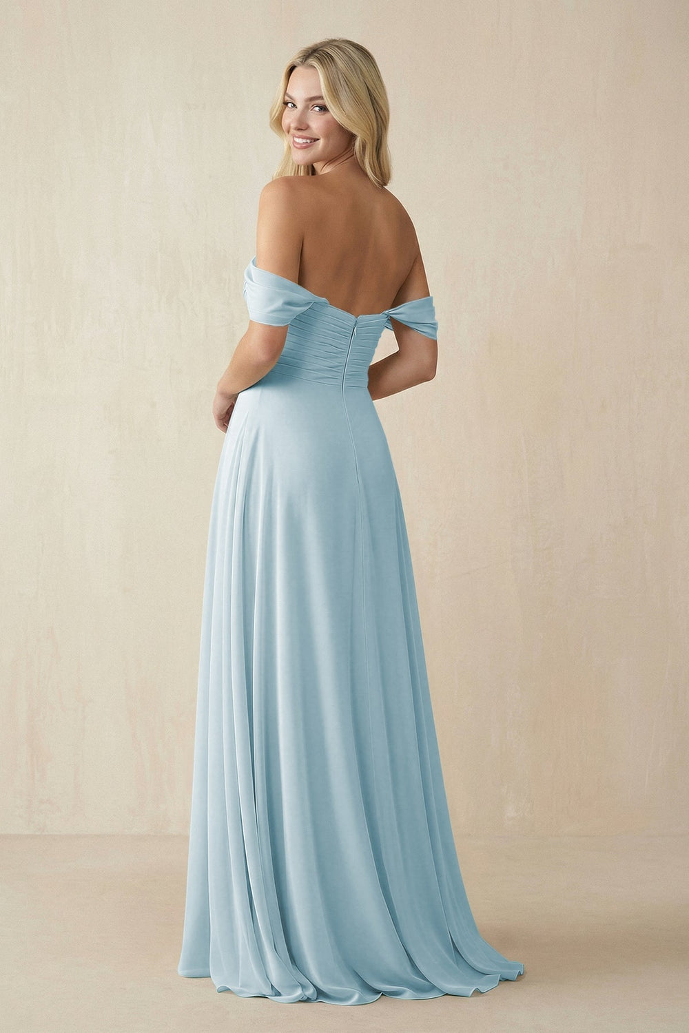Off - the - Shoulder Chiffon A - Line Long Bridesmaid Dress in Sky Blue - KISS BRIDAL Bridesmaid Dresses