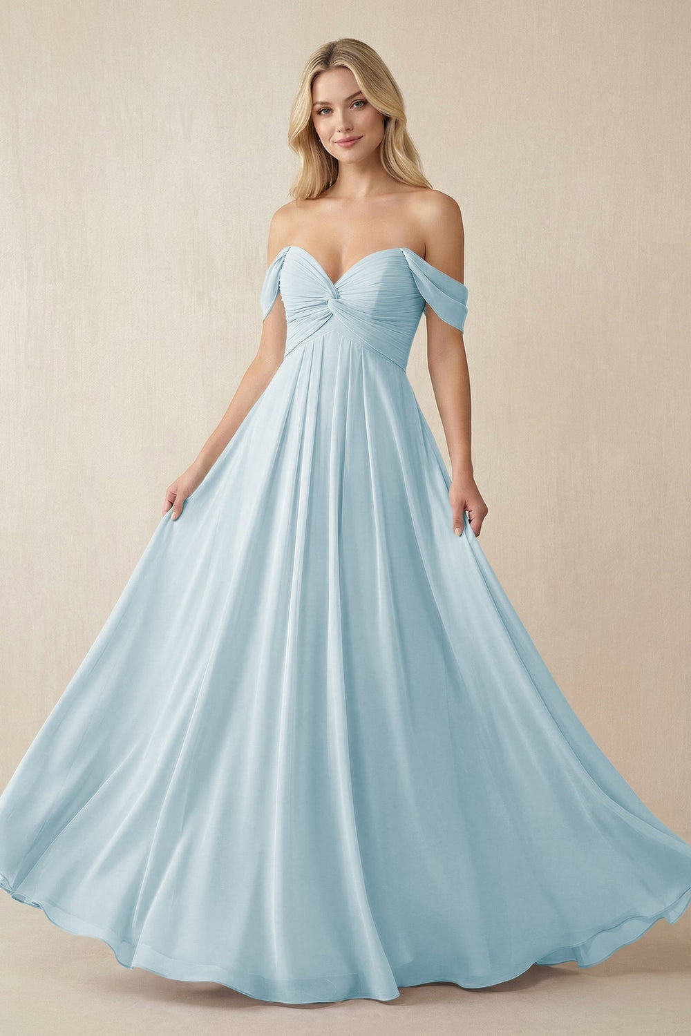 Off - the - Shoulder Chiffon A - Line Long Bridesmaid Dress in Sky Blue - KISS BRIDAL Bridesmaid Dresses