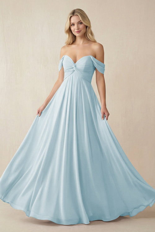 Off - the - Shoulder Chiffon A - Line Long Bridesmaid Dress in Sky Blue - KISS BRIDAL Bridesmaid Dresses