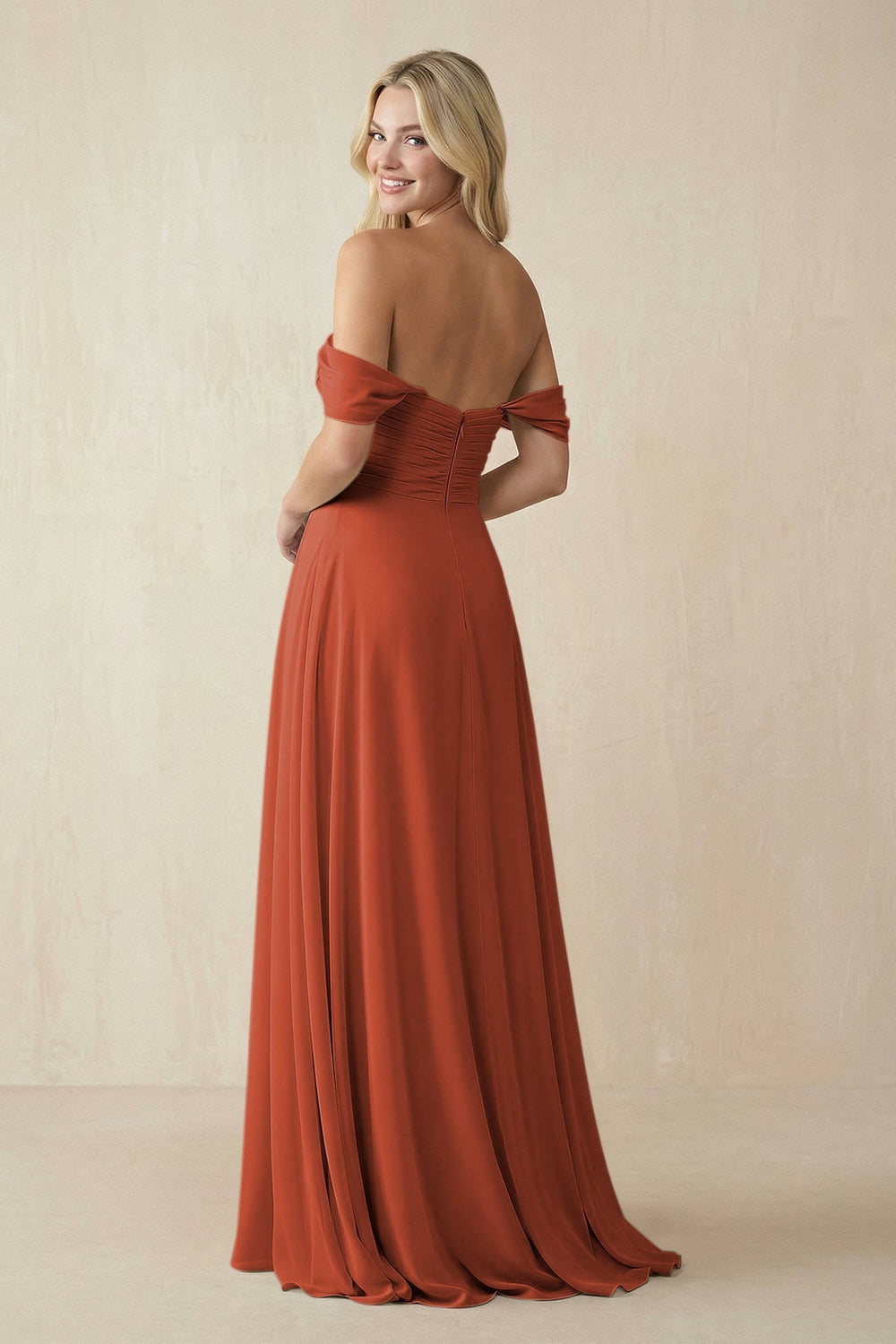 Off - the - Shoulder Chiffon A - Line Long Bridesmaid Dress in Spice - KISS BRIDAL Bridesmaid Dresses