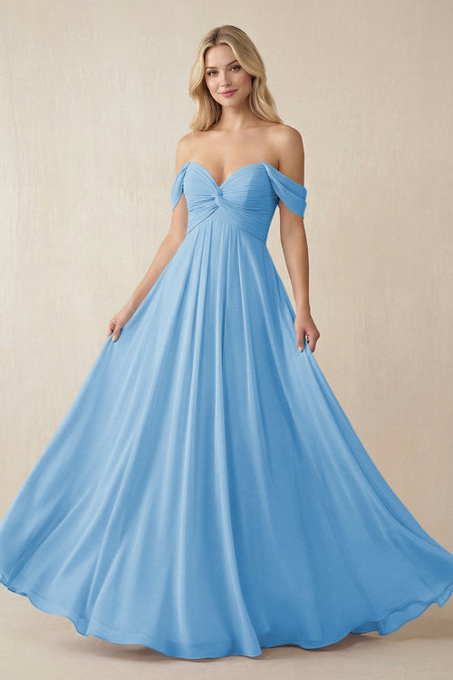 Off - the - Shoulder Chiffon A - Line Long Bridesmaid Dress in Steel Blue - SHE IS ME Bridesmaid Dresses