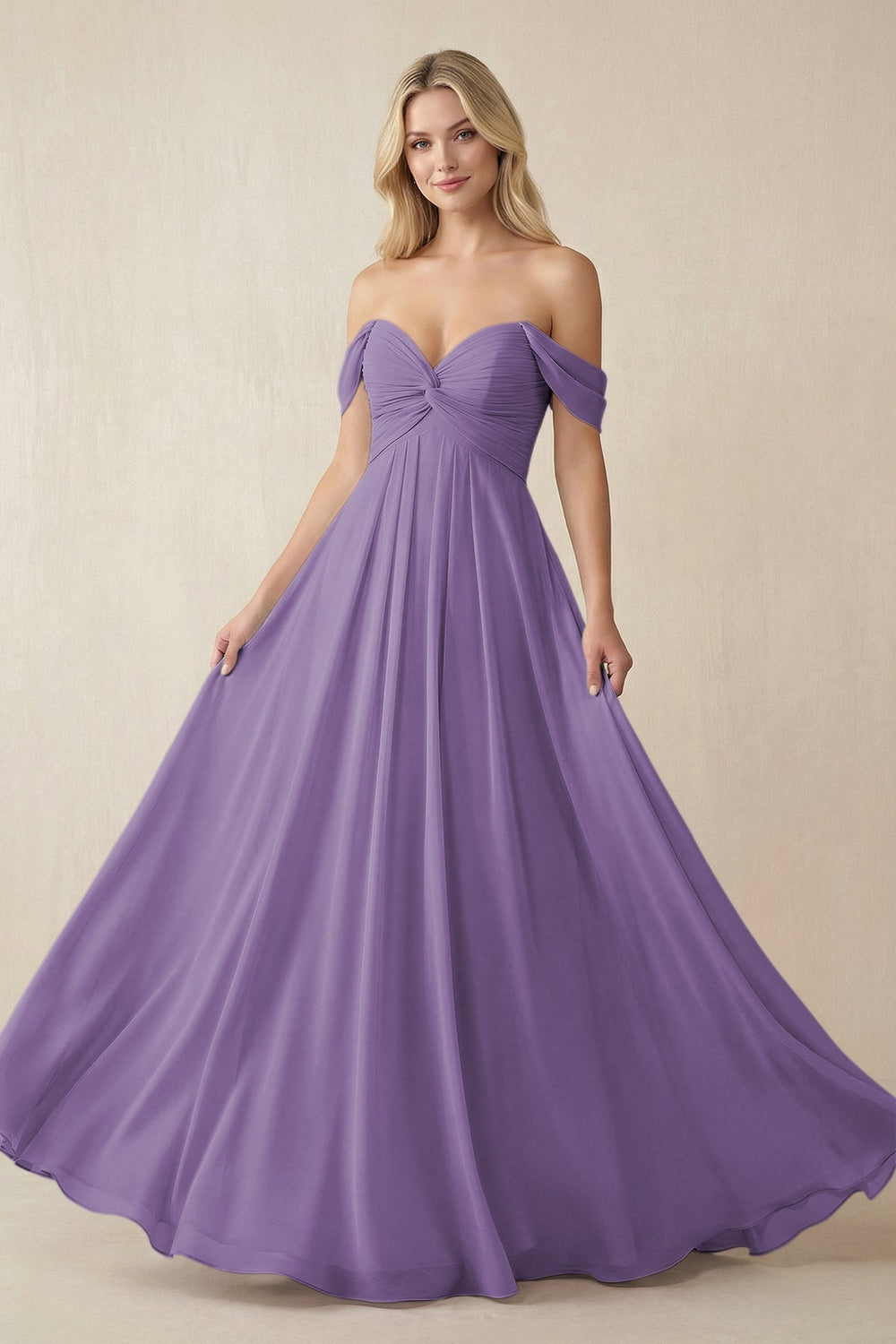 Off - the - Shoulder Chiffon A - Line Long Bridesmaid Dress in Tahiti - KISS BRIDAL Bridesmaid Dresses