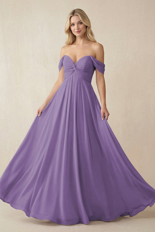 Off - the - Shoulder Chiffon A - Line Long Bridesmaid Dress in Tahiti - KISS BRIDAL Bridesmaid Dresses