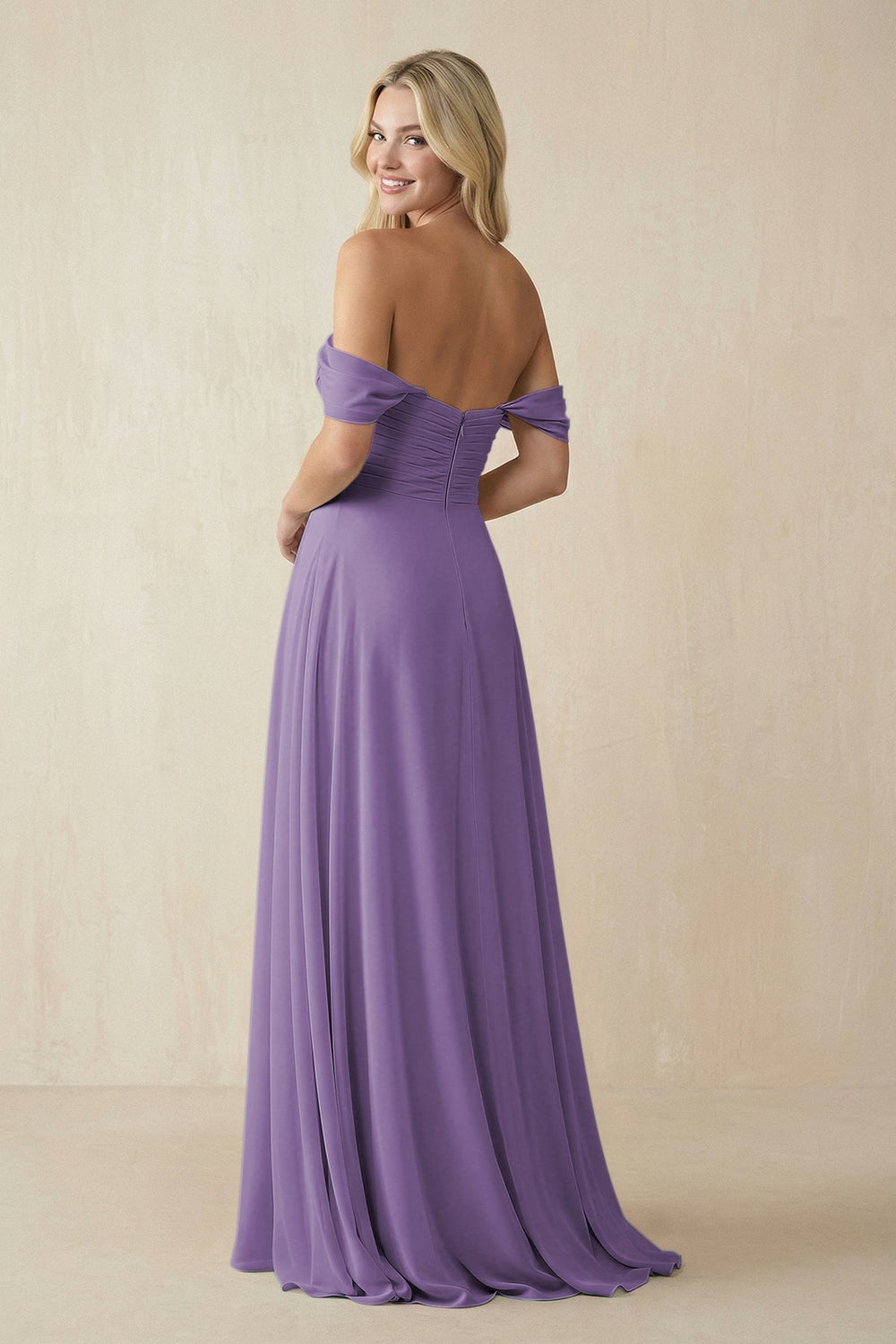 Off - the - Shoulder Chiffon A - Line Long Bridesmaid Dress in Tahiti - KISS BRIDAL Bridesmaid Dresses