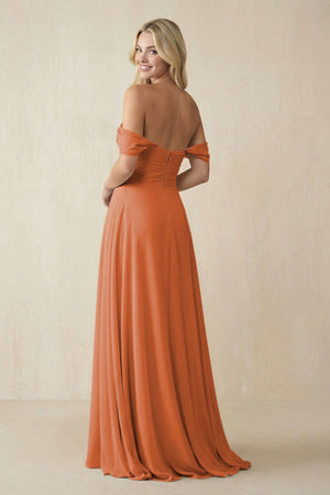 Off - the - Shoulder Chiffon A - Line Long Bridesmaid Dress in Terracotta - SHE IS ME Bridesmaid Dresses