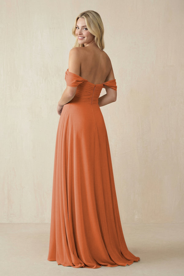 Off - the - Shoulder Chiffon A - Line Long Bridesmaid Dress in Terracotta - SHE IS ME Bridesmaid Dresses