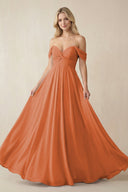 Off - the - Shoulder Chiffon A - Line Long Bridesmaid Dress in Terracotta - SHE IS ME Bridesmaid Dresses