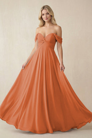 Off - the - Shoulder Chiffon A - Line Long Bridesmaid Dress in Terracotta - SHE IS ME Bridesmaid Dresses