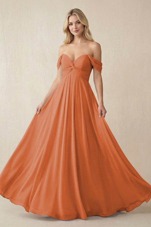 Off - the - Shoulder Chiffon A - Line Long Bridesmaid Dress in Terracotta - SHE IS ME Bridesmaid Dresses