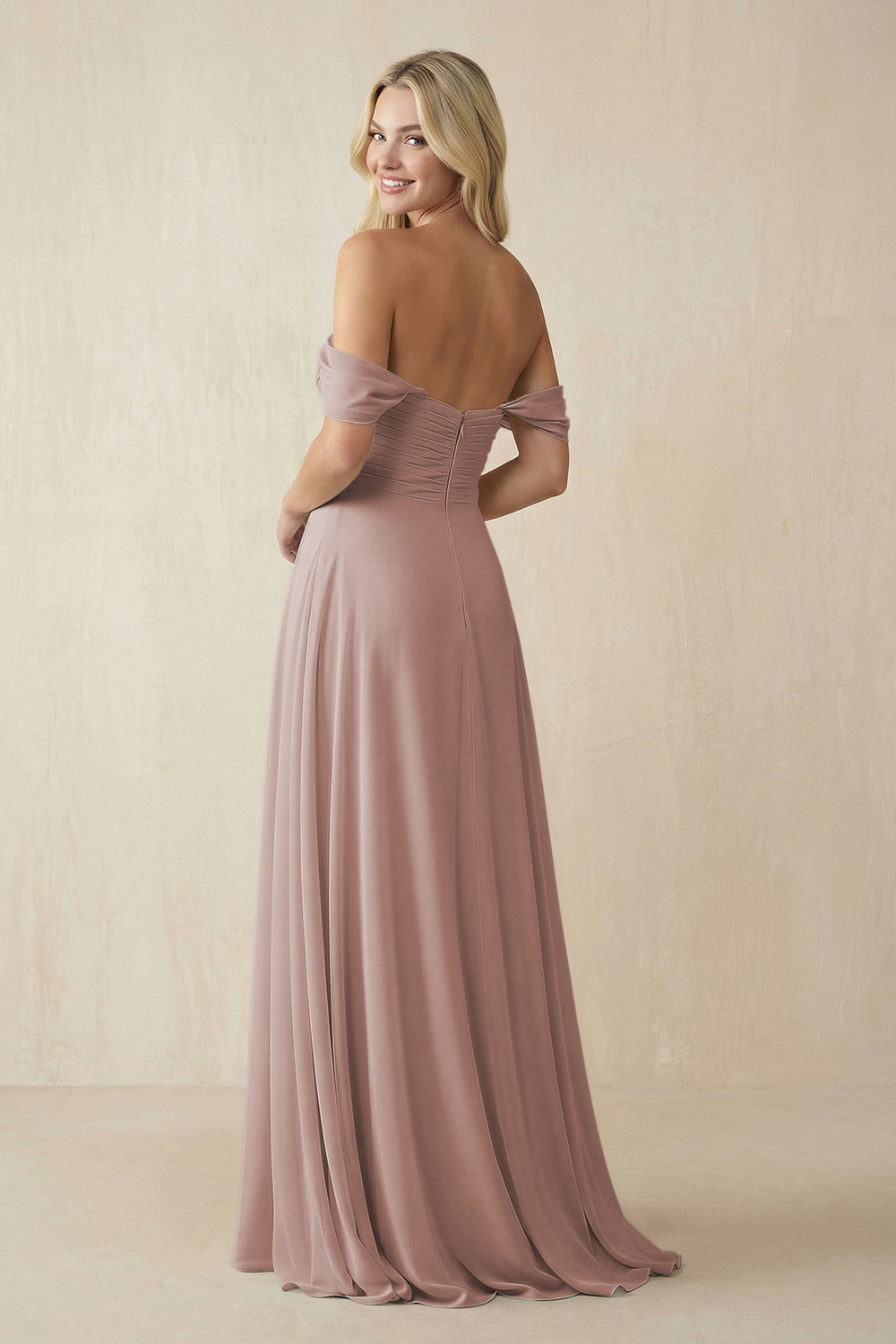 Off-the-Shoulder Chiffon A-Line Long Bridesmaid Dress in Toffee