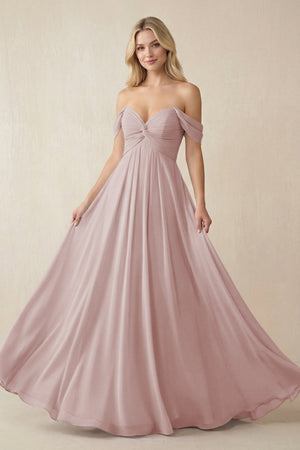 Off - the - Shoulder Chiffon A - Line Long Bridesmaid Dress in Toffee - KISS BRIDAL Bridesmaid Dresses
