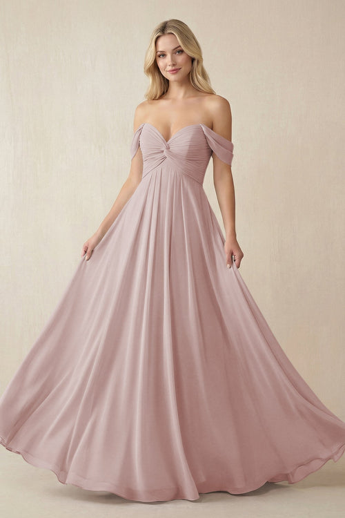 Off - the - Shoulder Chiffon A - Line Long Bridesmaid Dress in Toffee - KISS BRIDAL Bridesmaid Dresses
