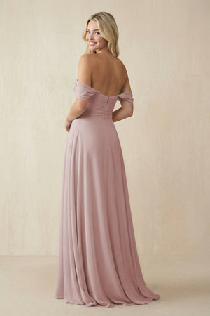 Off - the - Shoulder Chiffon A - Line Long Bridesmaid Dress in Toffee - KISS BRIDAL Bridesmaid Dresses