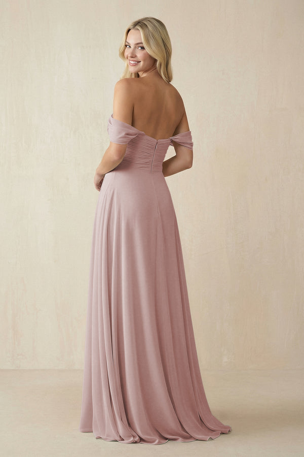 Off - the - Shoulder Chiffon A - Line Long Bridesmaid Dress in Toffee - KISS BRIDAL Bridesmaid Dresses