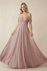 Off-the-Shoulder Chiffon A-Line Long Bridesmaid Dress in Toffee | KISSBRIDAL