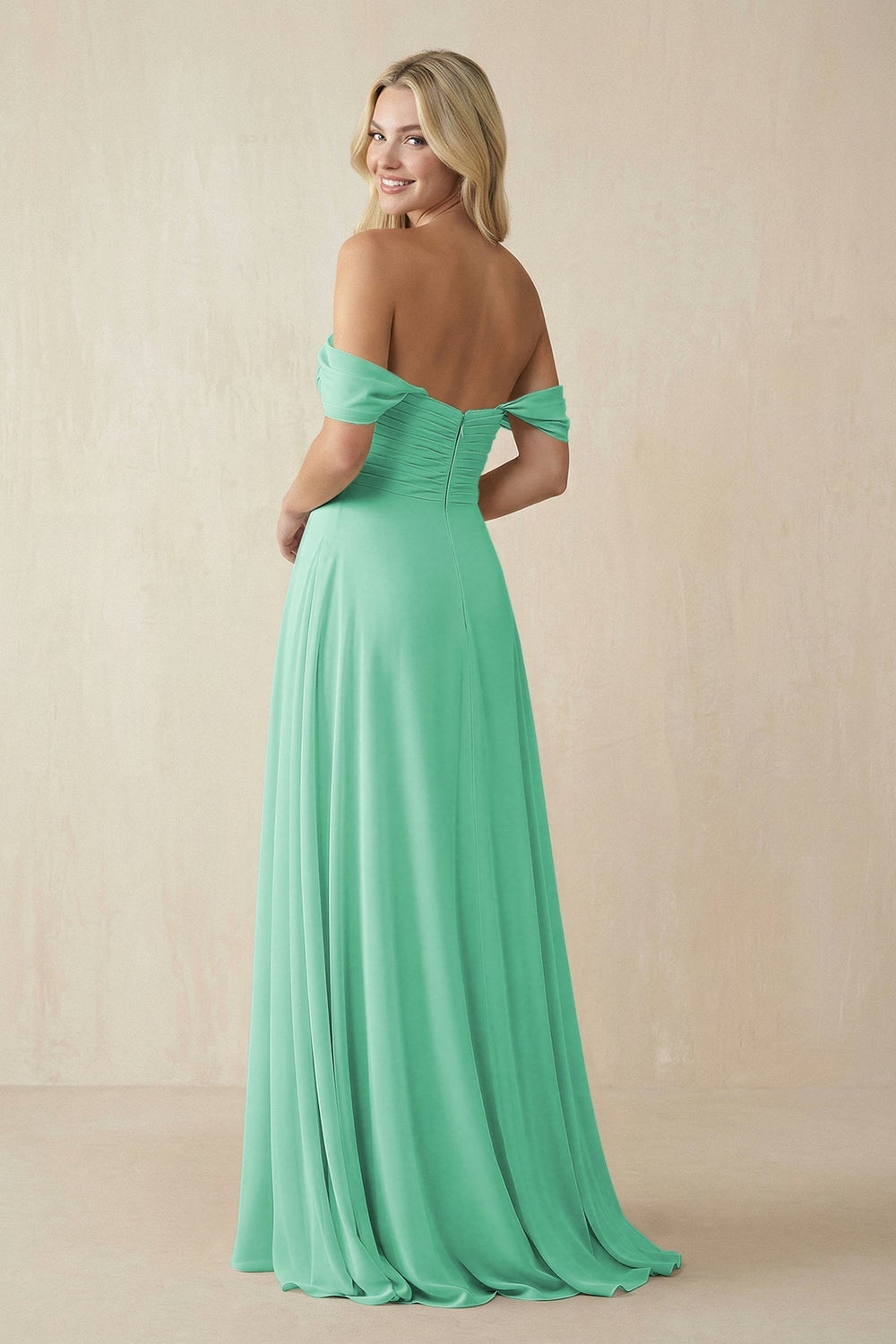 Off - the - Shoulder Chiffon A - Line Long Bridesmaid Dress in Turquoise - KISS BRIDAL Bridesmaid Dresses