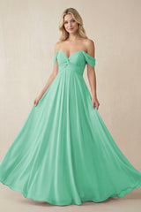Off - the - Shoulder Chiffon A - Line Long Bridesmaid Dress in Turquoise - KISS BRIDAL Bridesmaid Dresses