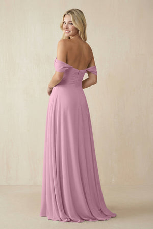 Off - the - Shoulder Chiffon A - Line Long Bridesmaid Dress in Vintage Mauve - SHE IS ME Bridesmaid Dresses