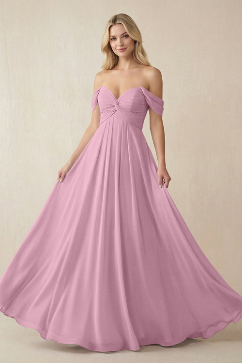 Off - the - Shoulder Chiffon A - Line Long Bridesmaid Dress in Vintage Mauve - SHE IS ME Bridesmaid Dresses
